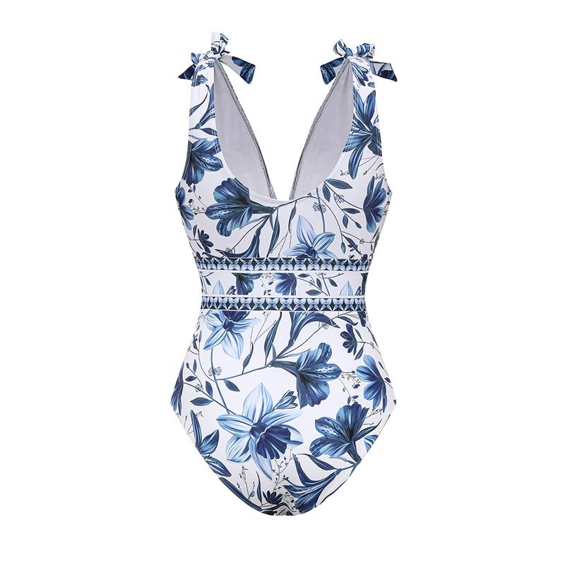 Lunimo® V Neck Lace Up Strip Plant Prints One Piece Swimsuit and Skirt/Sarong