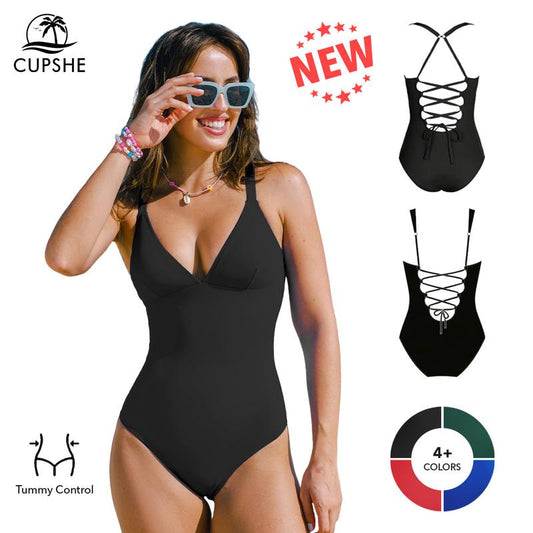 Lunimo® Plunging Slim & Sculpt Lace-Up Back One-Piece
