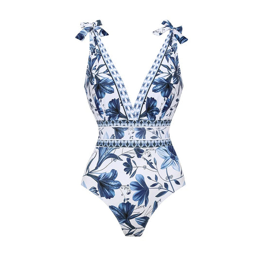 Lunimo® V Neck Lace Up Strip Plant Prints One Piece Swimsuit and Skirt/Sarong